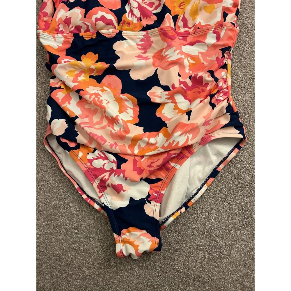 Kona Sol One Piece Swimsuit Women XL 16 Navy Pink Floral Ruffle Ruched Excellent